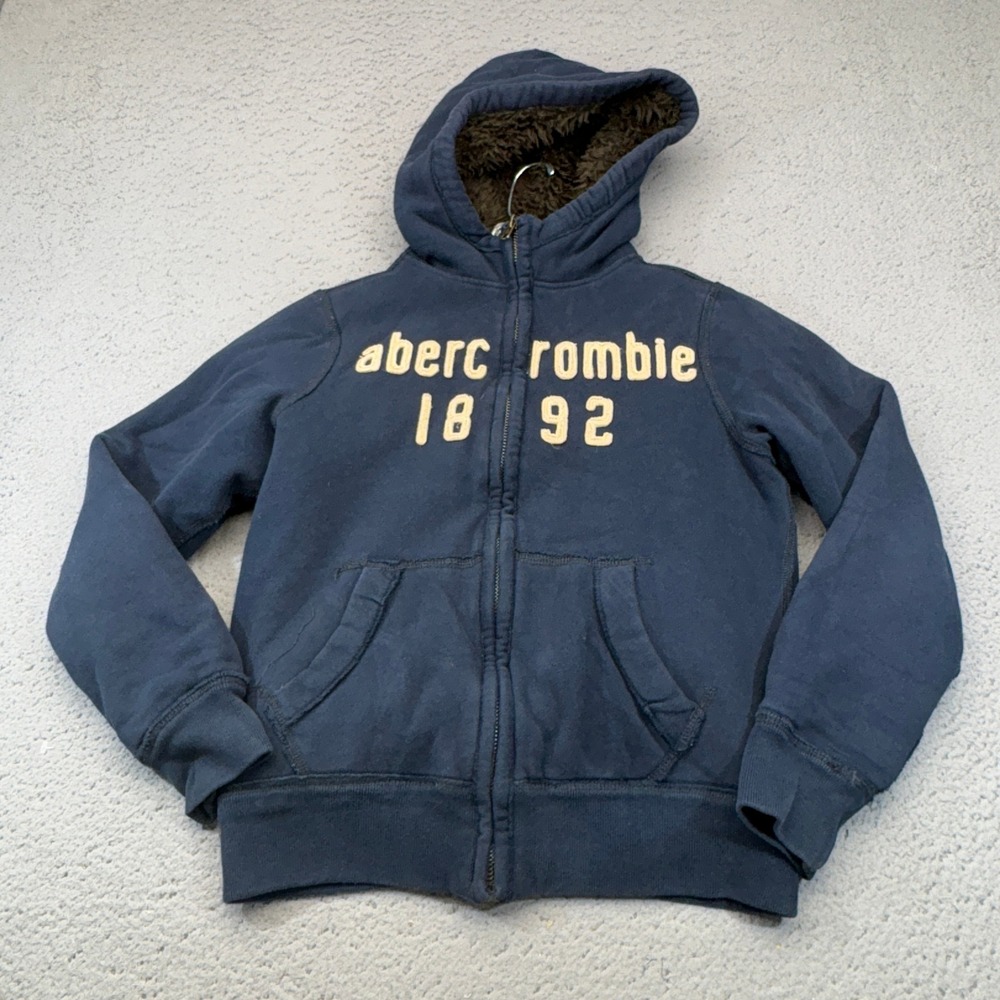 Abercrombie Kids Full Zip Hoodie Girls Large Navy Faux Fur Lined 1892 Logo 19051